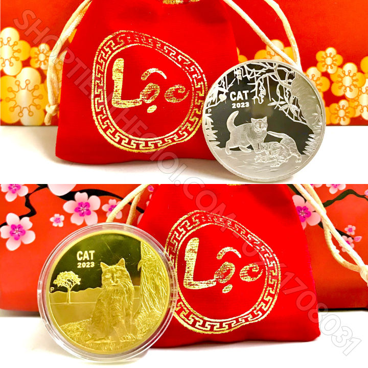 Cặp Xu Úc Hình Con Mèo Mạ Vàng Bạc tặng túi gấm LỘC - SP005894